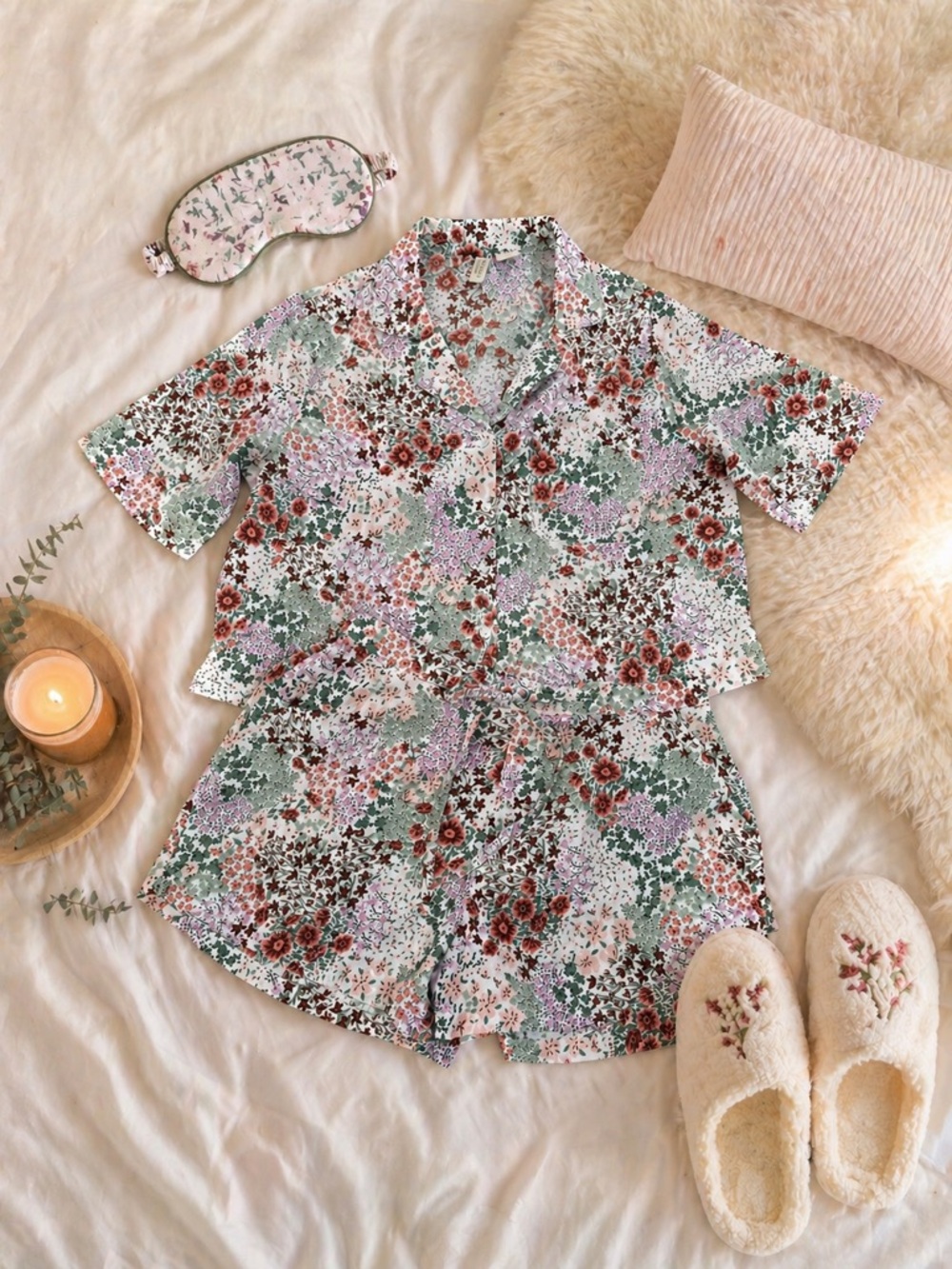 Cynthia Rowley Floral Sleep Set in White, Green & Rust